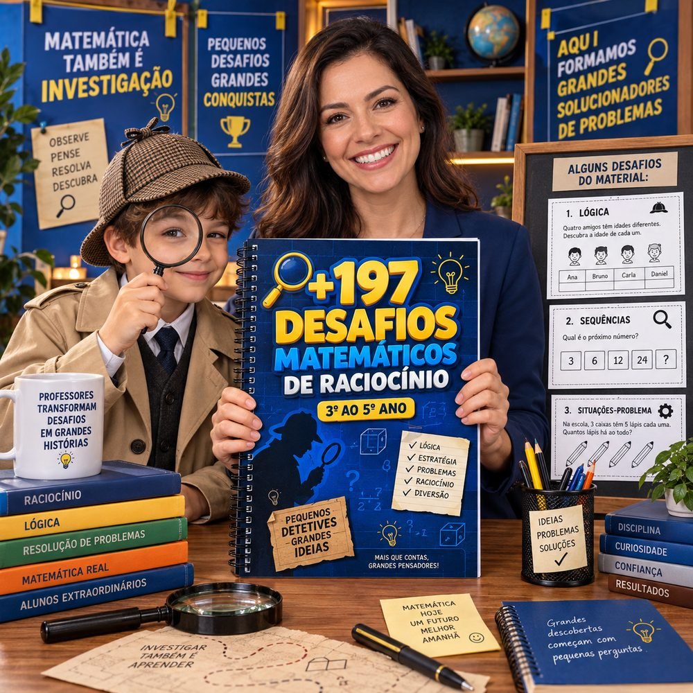 Professora segurando o material +197 Desafios Matemáticos de Raciocínio